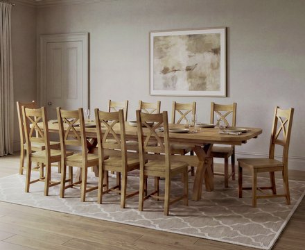 Extending olympia 180cm solid oak dining table with 10 oak natural chairs