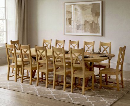 Extending olympia 180cm solid oak dining table with 12 oak natural chairs