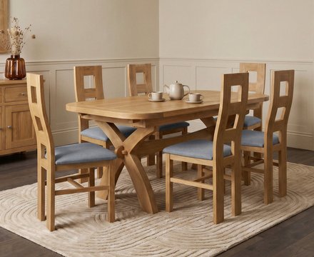 Extending olympia 180cm solid oak dining table with 6 blue natural chairs