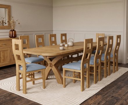 Extending olympia 180cm solid oak dining table with 10 blue natural chairs