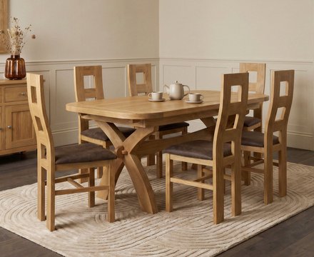 Extending olympia 180cm solid oak dining table with 6 brown natural chairs