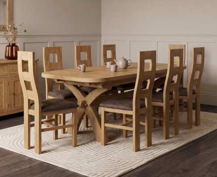 Extending olympia 180cm solid oak dining table with 8 brown natural chairs