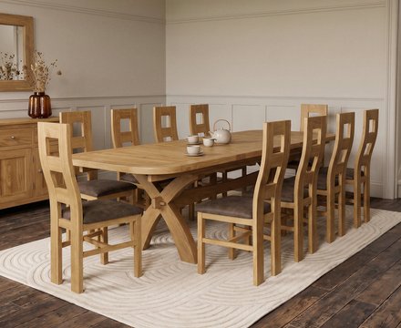 Extending olympia 180cm solid oak dining table with 10 brown natural chairs