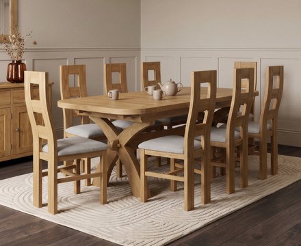 Extending olympia 180cm solid oak dining table with 8 light grey natural chairs
