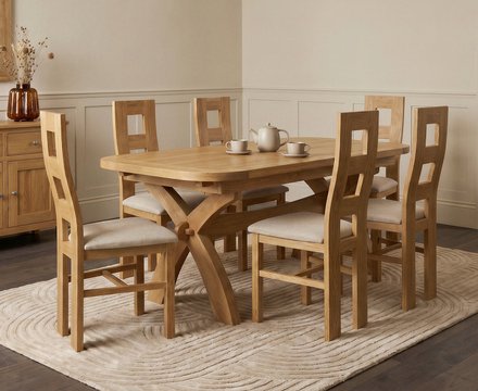 Extending olympia 180cm solid oak dining table with 6 linen natural chairs
