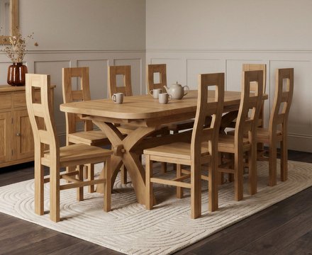 Extending olympia 180cm solid oak dining table with 8 oak natural chairs