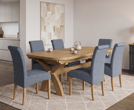 Extending olympia 180cm solid oak dining table with 6 blue scroll back chairs