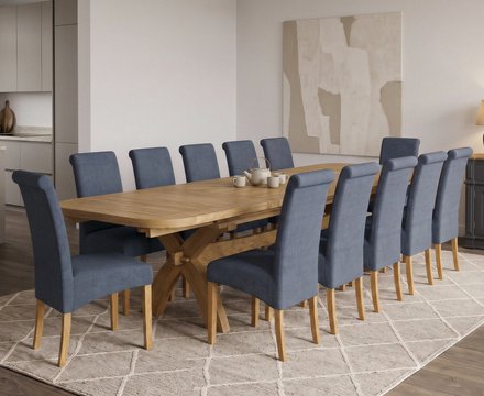 Extending olympia 180cm solid oak dining table with 12 blue scroll back chairs