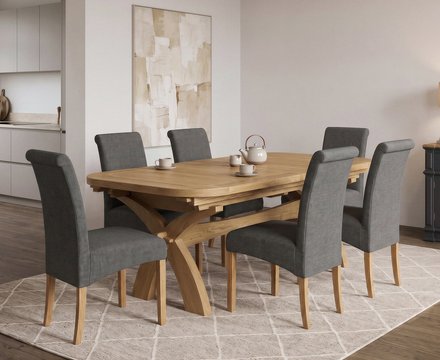 Extending olympia 180cm solid oak dining table with 6 charcoal grey scroll back chairs
