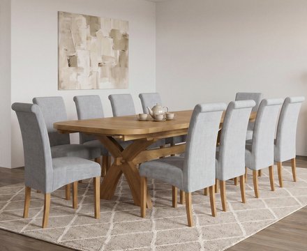 Extending olympia 180cm solid oak dining table with 10 grey scroll back chairs