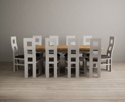 Extending olympia 180cm oak and soft white painted dining table with 10 brown painted chairs