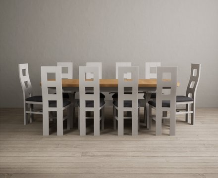 Extending olympia 180cm oak and soft white painted dining table with 10 charcoal grey painted chairs