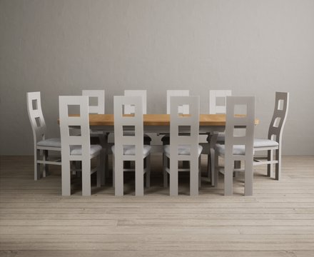 Extending olympia 180cm oak and soft white painted dining table with 10 light grey painted chairs
