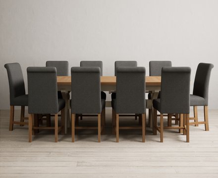 Extending olympia 180cm oak and cream painted dining table with 10 charcoal grey braced chairs
