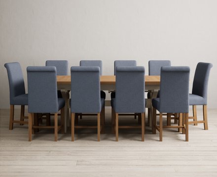 Extending olympia 180cm oak and cream painted dining table with 10 blue braced chairs