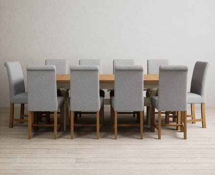 Extending olympia 180cm oak and cream painted dining table with 10 grey braced chairs