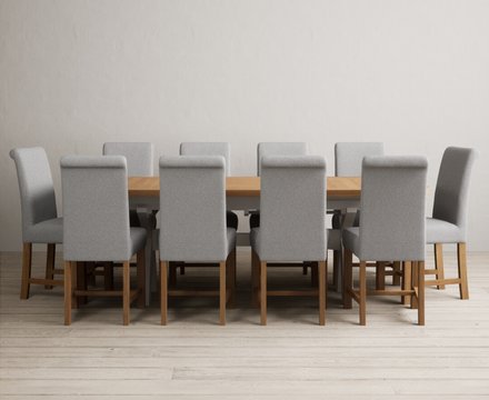Extending olympia 180cm oak and soft white painted dining table with 10 grey braced chairs