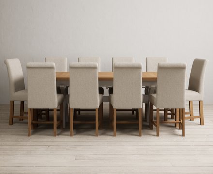 Extending olympia 180cm oak and soft white painted dining table with 10 natural braced chairs
