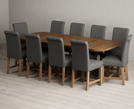 Extending olympia 180cm oak and charcoal grey dining table with 10 charcoal grey braced chairs