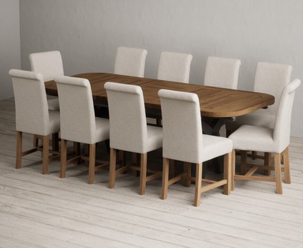 Extending olympia 180cm oak and charcoal grey dining table with 10 natural braced chairs