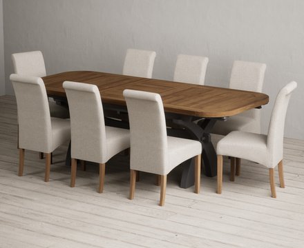 Extending olympia 180cm oak and charcoal grey dining table with 8 natural scroll back chairs