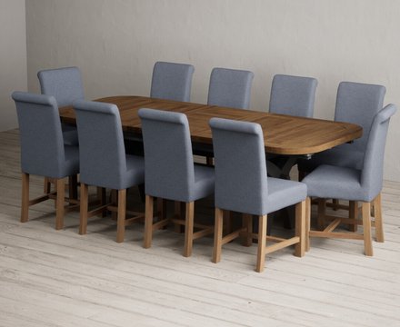 Extending olympia 180cm oak and charcoal grey dining table with 10 blue braced chairs