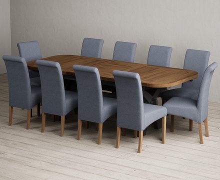 Extending olympia 180cm oak and charcoal grey dining table with 10 blue scroll back chairs