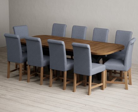 Extending olympia 180cm oak and dark blue dining table with 10 blue braced chairs