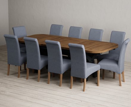 Extending olympia 180cm oak and dark blue dining table with 10 blue scroll back chairs