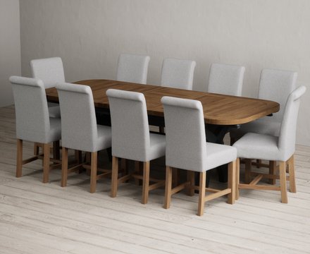 Extending olympia 180cm oak and dark blue dining table with 10 grey braced chairs