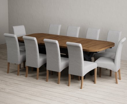 Extending olympia 180cm oak and dark blue dining table with 10 grey scroll back chairs