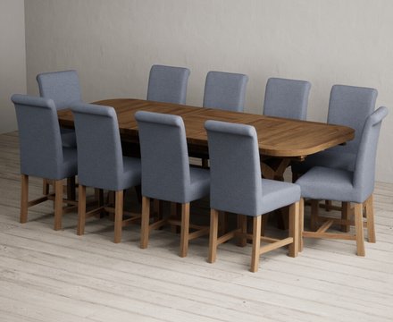 Extending olympia 180cm rustic solid oak dining table with 10 blue braced chairs