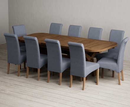 Extending olympia 180cm rustic solid oak dining table with 10 blue scroll back chairs