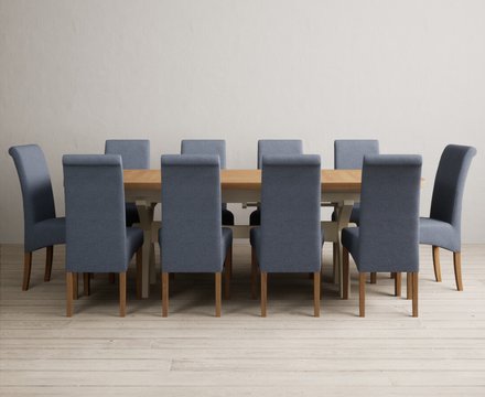 Extending olympia 180cm oak and cream painted dining table with 10 blue scroll back chairs