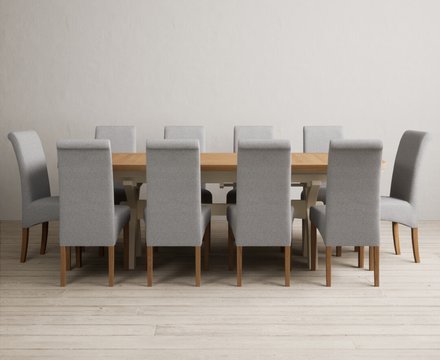 Extending olympia 180cm oak and cream painted dining table with 10 grey scroll back chairs