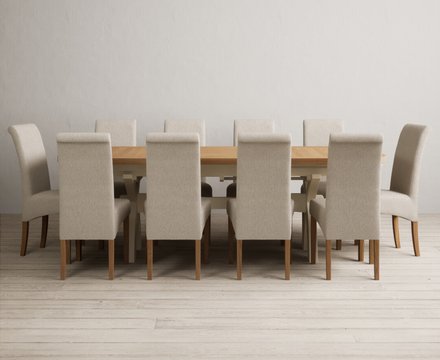 Extending olympia 180cm oak and cream painted dining table with 10 natural scroll back chairs