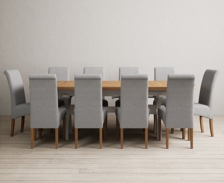 Extending olympia 180cm oak and soft white painted dining table with 10 grey scroll back chairs