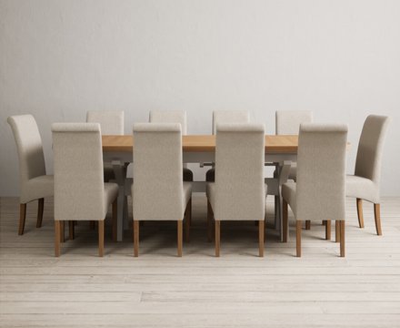Extending olympia 180cm oak and soft white painted dining table with 10 natural scroll back chairs