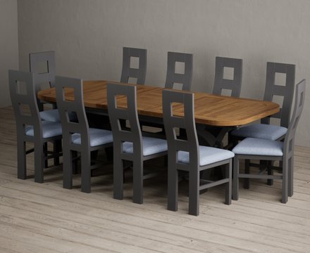 Extending olympia 180cm oak and charcoal grey dining table with 10 blue painted chairs