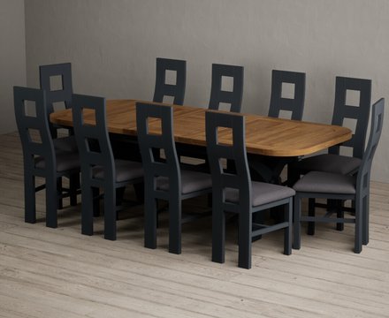 Extending olympia 180cm oak and dark blue dining table with 10 charcoal grey painted chairs