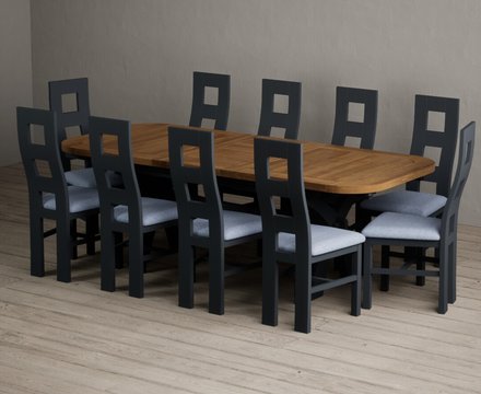 Extending olympia 180cm oak and dark blue dining table with 10 blue painted chairs