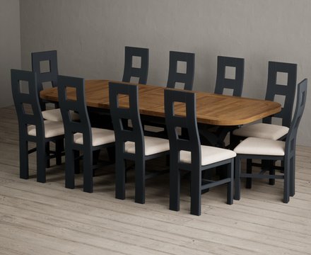 Extending olympia 180cm oak and dark blue dining table with 10 linen painted chairs