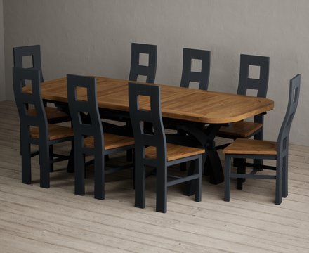 Extending olympia 180cm oak and dark blue dining table with 8 rustic oak painted chairs