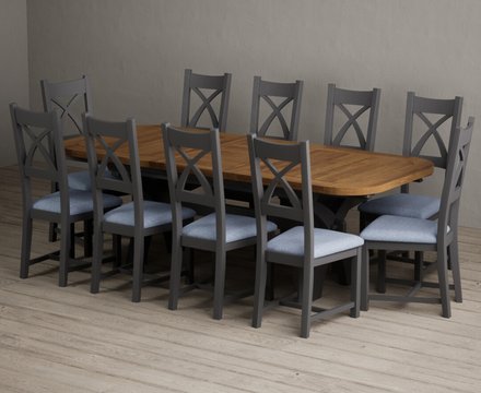 Extending olympia 180cm oak and charcoal grey dining table with 10 blue painted chairs