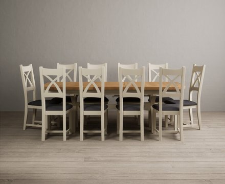 Extending olympia 180cm oak and cream painted dining table with 10 charcoal grey painted chairs
