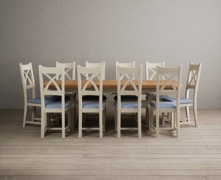 Extending olympia 180cm oak and cream painted dining table with 10 blue painted chairs