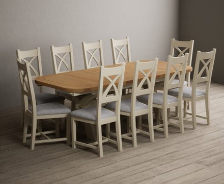 Extending olympia 180cm oak and cream painted dining table with 10 light grey painted chairs