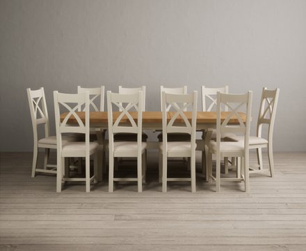 Extending olympia 180cm oak and cream painted dining table with 10 linen painted chairs