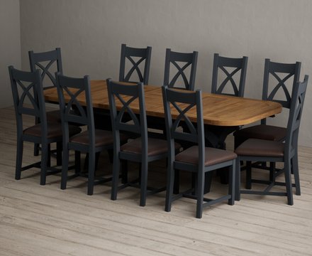 Extending olympia 180cm oak and dark blue dining table with 10 brown painted chairs