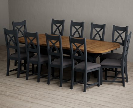 Extending olympia 180cm oak and dark blue dining table with 10 charcoal grey painted chairs